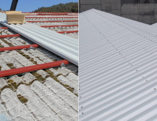 工場・倉庫の劣化したスレート屋根の雨漏りを補修し断熱効果もある防水工事リリーフ工法（カバー工法）の間接工法（無塵工法）の施工中と施工後の屋根