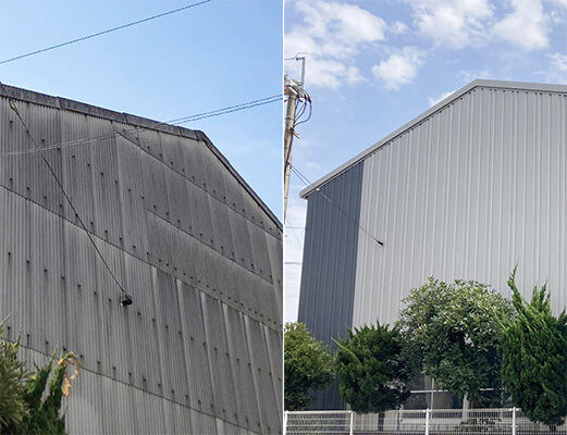 工場・倉庫の劣化したスレート屋根の雨漏りを補修し断熱効果もある防水工事リリーフ工法（カバー工法）の直接工法 外壁新工法の施工中と施工後の外壁