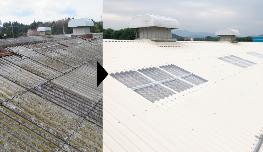 工場・倉庫の劣化したスレート屋根の雨漏りを補修し断熱効果もある防水工事リリーフ工法（カバー工法）の施工前の劣化した屋根と施工後の美しくなった屋根