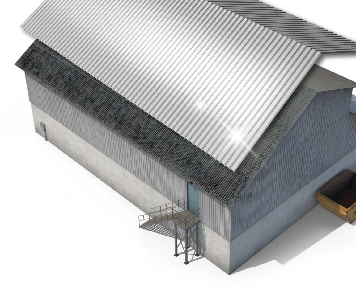 工場・倉庫の劣化したスレート屋根の雨漏りを補修し断熱効果もある防水工事リリーフ工法（カバー工法）の施工イメージ