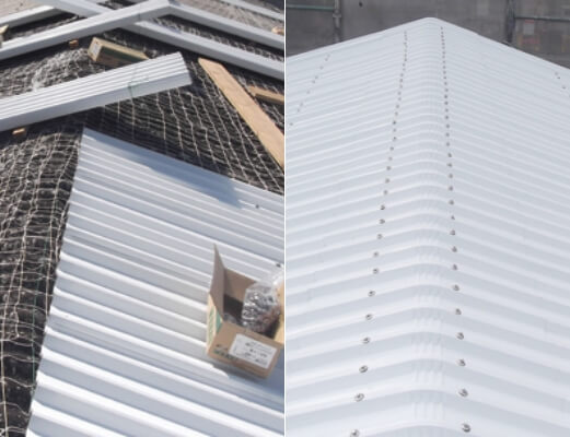 工場・倉庫の劣化したスレート屋根の雨漏りを補修し断熱効果もある防水工事リリーフ工法（カバー工法）の直接工法の施工中と施工後の屋根