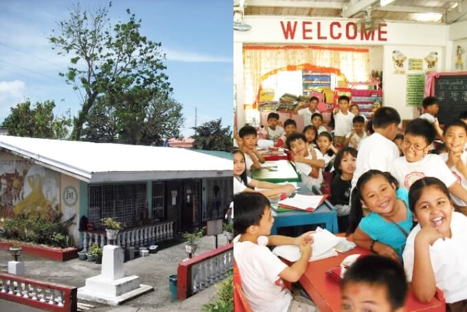 「セルフクリーニング効果」を持つ親水性の遮熱塗料「ミラクールAQクリア」を塗ったフィリピン ソルソゴン市の教育施設と室内が涼しくなって喜ぶ子供たち