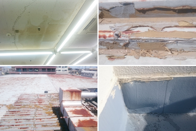 塗装のヒビや剥がれ、錆が広範囲に広がった屋根、それらが原因の天井からの雨漏り、外壁の膨らみなど経年劣化の状態。
